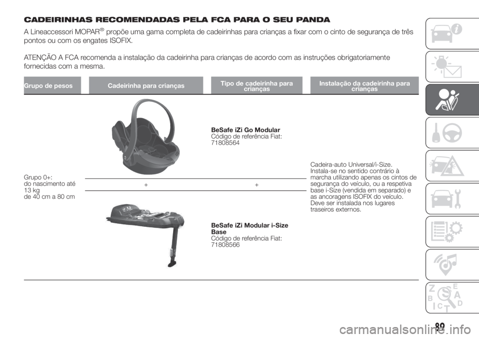 FIAT PANDA 2018  Manual de Uso e Manutenção (in Portuguese) CADEIRINHAS RECOMENDADAS PELA FCA PARA O SEU PANDA
A Lineaccessori MOPAR
®propõe uma gama completa de cadeirinhas para crianças a fixar com o cinto de segurança de três
pontos ou com os engates I