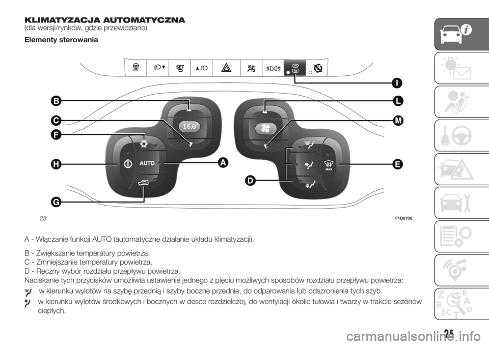 FIAT PANDA 2018  Instrukcja obsługi (in Polish) KLIMATYZACJA AUTOMATYCZNA
(dla wersji/rynków, gdzie przewidziano)
Elementy sterowania
.
A - Włączanie funkcji AUTO (automatyczne działanie układu klimatyzacji).
B - Zwiększanie temperatury powie