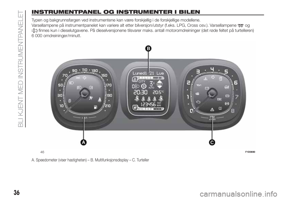 FIAT PANDA 2018 Drift- og vedlikeholdshåndbok (in Norwegian) INSTRUMENTPANEL OG INSTRUMENTER I BILEN.
Typen og bakgrunnsfargen ved instrumentene kan være forskjellig i de forskjellige modellene.
Varsellampene på instrumentpanelet kan variere alt etter bilvers FIAT PANDA 2018 Drift- og vedlikeholdshåndbok (in Norwegian) INSTRUMENTPANEL OG INSTRUMENTER I BILEN.
Typen og bakgrunnsfargen ved instrumentene kan være forskjellig i de forskjellige modellene.
Varsellampene på instrumentpanelet kan variere alt etter bilvers