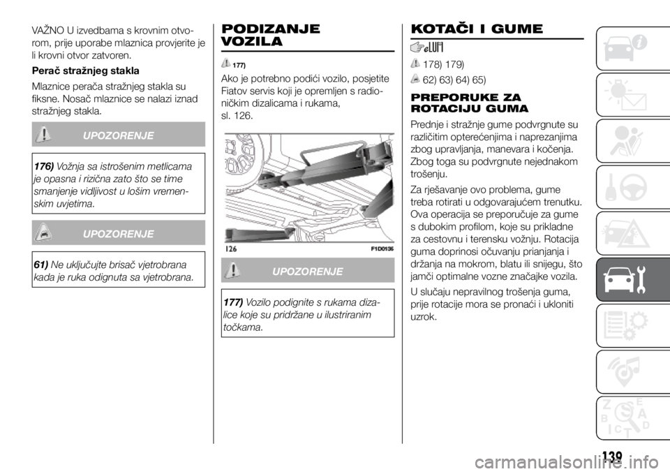 FIAT PANDA 2020  Knjižica s uputama za uporabu i održavanje (in Croatian) VAŽNO U izvedbama s krovnim otvo-
rom, prije uporabe mlaznica provjerite je 
li krovni otvor zatvoren.
Perač stražnjeg stakla
Mlaznice perača stražnjeg stakla su 
fiksne. Nosač mlaznice se nalaz