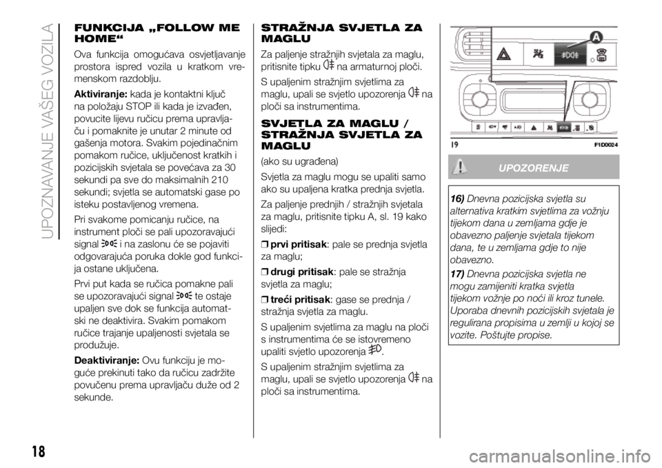 FIAT PANDA 2018 Knjižica s uputama za uporabu i održavanje (in Croatian) STRAŽNJA SVJETL A ZA
MAGLU
Za paljenje stražnjih svjetala za maglu,
pritisnite tipku
na armaturnoj ploči.
S upaljenim stražnjim svjetlima za
maglu, upali se svjetlo upozorenja
na
ploči s FIAT PANDA 2018 Knjižica s uputama za uporabu i održavanje (in Croatian) STRAŽNJA SVJETL A ZA
MAGLU
Za paljenje stražnjih svjetala za maglu,
pritisnite tipku
na armaturnoj ploči.
S upaljenim stražnjim svjetlima za
maglu, upali se svjetlo upozorenja
na
ploči s