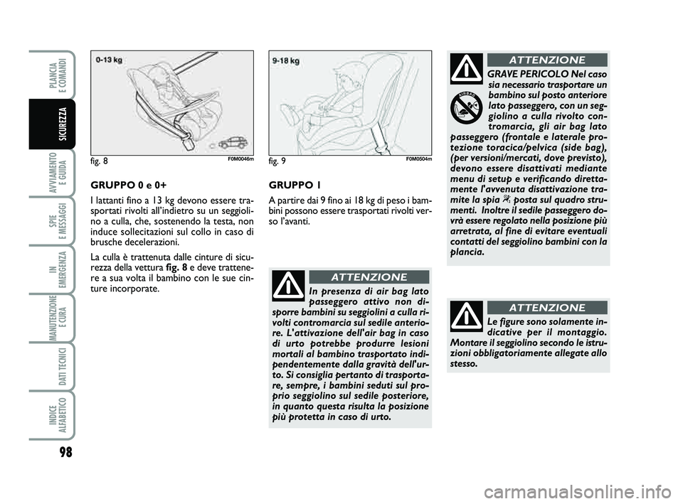 FIAT PUNTO 2011  Libretto Uso Manutenzione (in Italian) 98
AVVIAMENTO E GUIDA
SPIE 
E MESSAGGI
IN 
EMERGENZA
MANUTENZIONE E CURA 
DATI TECNICI
INDICE 
ALFABETICO
PLANCIA 
E COMANDI
SICUREZZA
In presenza di air bag lato
passeggero attivo non di-
sporre bamb