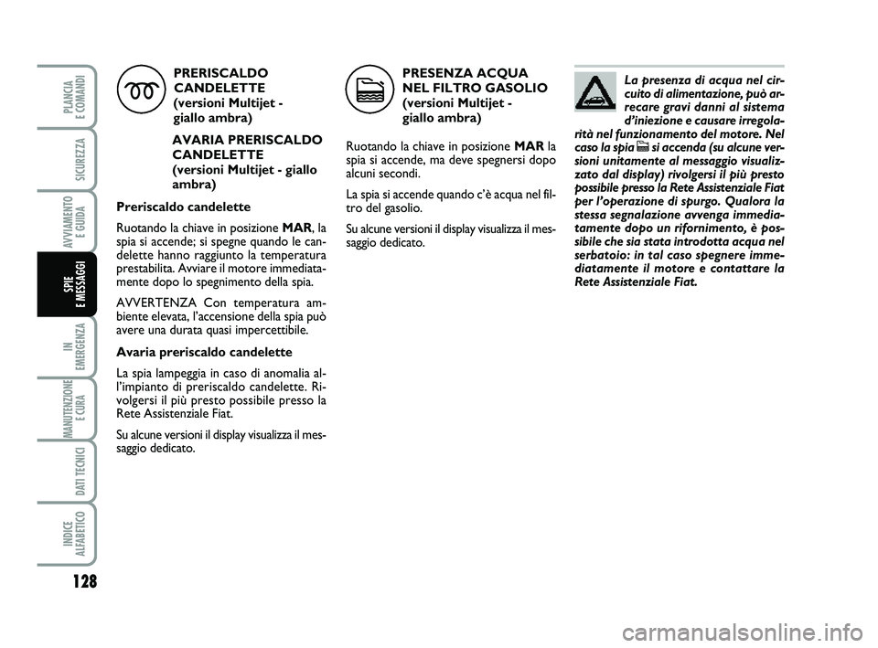 FIAT PUNTO 2012 Libretto Uso Manutenzione (in Italian) 128
IN
EMERGENZA
MANUTENZIONE E CURA
DATI TECNICI
INDICE
ALFABETICO
PLANCIA
E COMANDI
SICUREZZA
AVVIAMENTO E GUIDA
SPIE
E MESSAGGI
PRERISCALDO
CANDELETTE
(versioni Multijet -
giallo ambra)
AV FIAT PUNTO 2012 Libretto Uso Manutenzione (in Italian) 128
IN
EMERGENZA
MANUTENZIONE E CURA
DATI TECNICI
INDICE
ALFABETICO
PLANCIA
E COMANDI
SICUREZZA
AVVIAMENTO E GUIDA
SPIE
E MESSAGGI
PRERISCALDO
CANDELETTE
(versioni Multijet -
giallo ambra)
AV