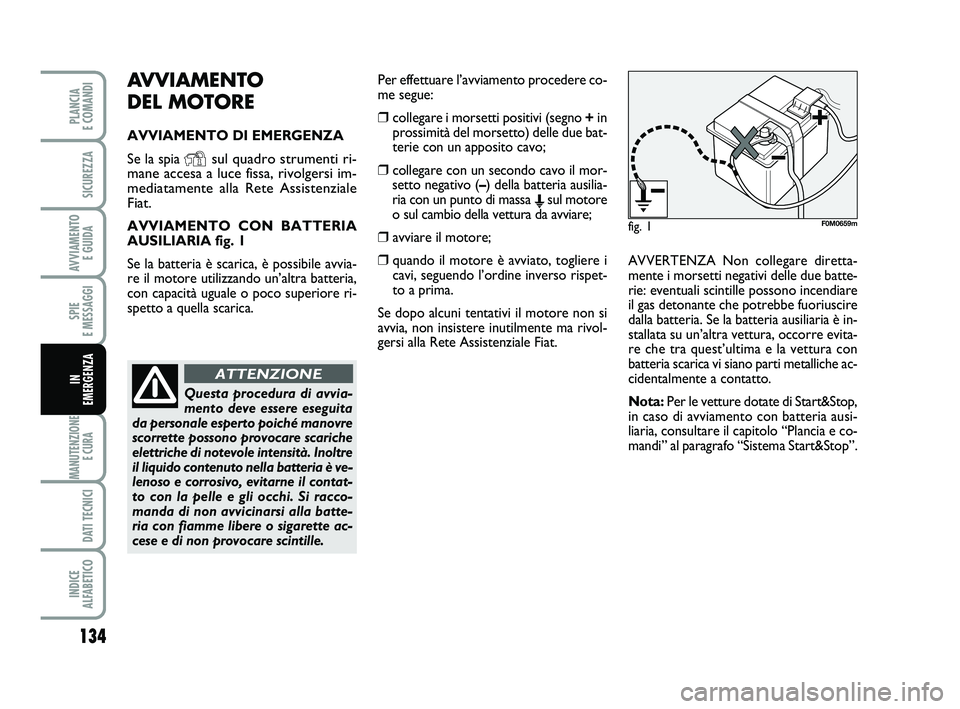 FIAT PUNTO 2012 Libretto Uso Manutenzione (in Italian) AVVIAMENTO
DEL MOTORE
AVVIAMENTO DI EMERGENZA
Se la spia
Ysul quadro strumenti ri-
mane accesa a luce fissa, rivolgersi im-
mediatamente alla Rete Assistenziale
Fiat.
AVVIAMENTO CON BATTERIA
AUSILIA FIAT PUNTO 2012 Libretto Uso Manutenzione (in Italian) AVVIAMENTO
DEL MOTORE
AVVIAMENTO DI EMERGENZA
Se la spia
Ysul quadro strumenti ri-
mane accesa a luce fissa, rivolgersi im-
mediatamente alla Rete Assistenziale
Fiat.
AVVIAMENTO CON BATTERIA
AUSILIA