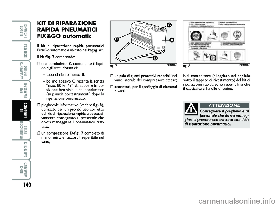 FIAT PUNTO 2011  Libretto Uso Manutenzione (in Italian) 140
SPIE 
E MESSAGGI
MANUTENZIONE E CURA 
DATI TECNICI
INDICE 
ALFABETICO
PLANCIA 
E COMANDI
SICUREZZA
AVVIAMENTO  E GUIDA
IN 
EMERGENZA
KIT DI RIPARAZIONE
RAPIDA PNEUMATICI
FIX&GO automatic
Il kit di