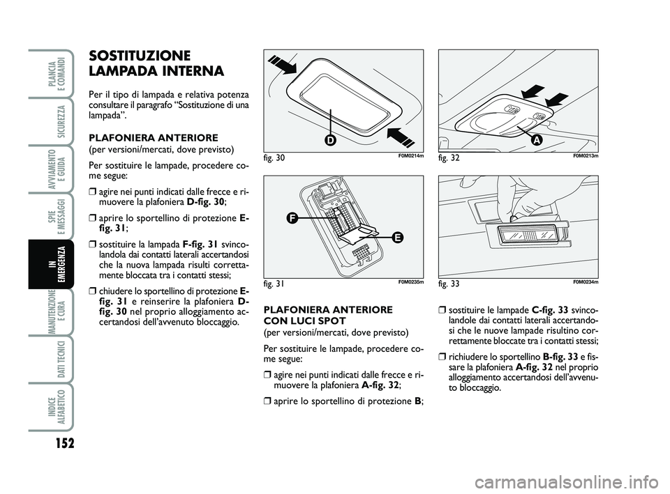 FIAT PUNTO 2011 Libretto Uso Manutenzione (in Italian) SOSTITUZIONE
LAMPADA INTERNA
Per il tipo di lampada e relativa potenza
consultare il paragrafo “Sostituzione di una
lampada”.
PLAFONIERA ANTERIORE
(per versioni/mercati, dove previsto)
Per sostit FIAT PUNTO 2011 Libretto Uso Manutenzione (in Italian) SOSTITUZIONE
LAMPADA INTERNA
Per il tipo di lampada e relativa potenza
consultare il paragrafo “Sostituzione di una
lampada”.
PLAFONIERA ANTERIORE
(per versioni/mercati, dove previsto)
Per sostit