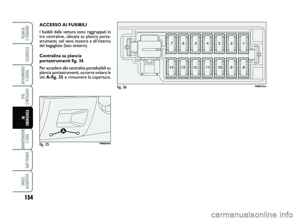 FIAT PUNTO 2011 Libretto Uso Manutenzione (in Italian) 154
SPIE
E MESSAGGI
MANUTENZIONE E CURA
DATI TECNICI
INDICE
ALFABETICO
PLANCIA
E COMANDI
SICUREZZA
AVVIAMENTO E GUIDA
IN
EMERGENZA
ACCESSO AI FUSIBILI
I fusibili della vettura sono raggruppati i FIAT PUNTO 2011 Libretto Uso Manutenzione (in Italian) 154
SPIE
E MESSAGGI
MANUTENZIONE E CURA
DATI TECNICI
INDICE
ALFABETICO
PLANCIA
E COMANDI
SICUREZZA
AVVIAMENTO E GUIDA
IN
EMERGENZA
ACCESSO AI FUSIBILI
I fusibili della vettura sono raggruppati i