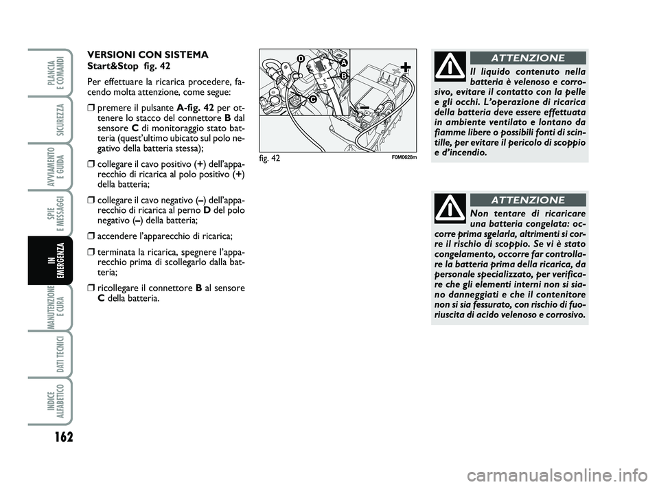 FIAT PUNTO 2011 Libretto Uso Manutenzione (in Italian) 162
SPIE
E MESSAGGI
MANUTENZIONE E CURA
DATI TECNICI
INDICE
ALFABETICO
PLANCIA
E COMANDI
SICUREZZA
AVVIAMENTO E GUIDA
IN
EMERGENZA
Non tentare di ricaricare
una batteria congelata: oc-
corre pri FIAT PUNTO 2011 Libretto Uso Manutenzione (in Italian) 162
SPIE
E MESSAGGI
MANUTENZIONE E CURA
DATI TECNICI
INDICE
ALFABETICO
PLANCIA
E COMANDI
SICUREZZA
AVVIAMENTO E GUIDA
IN
EMERGENZA
Non tentare di ricaricare
una batteria congelata: oc-
corre pri
