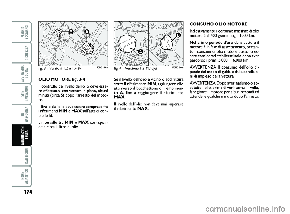 FIAT PUNTO 2011  Libretto Uso Manutenzione (in Italian) Se il livello dell’olio è vicino o addirittura
sotto il riferimento MIN, aggiungere olio
attraverso il bocchettone di riempimen-
to A, fino a raggiungere il riferimento
MAX.
Il livello dell’olio 