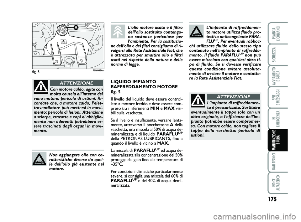 FIAT PUNTO 2011  Libretto Uso Manutenzione (in Italian) 175
SPIE 
E MESSAGGI
DATI TECNICI
INDICE 
ALFABETICO
PLANCIA 
E COMANDI
SICUREZZA
AVVIAMENTO  E GUIDA
IN 
EMERGENZA
MANUTENZIONE E CURA
fig. 5
L’impianto di raffreddamen-
to motore utilizza fluido p