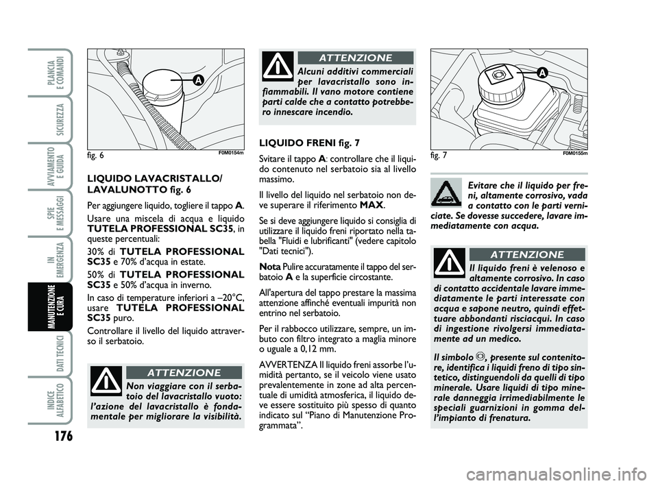 FIAT PUNTO 2011  Libretto Uso Manutenzione (in Italian) 176
SPIE 
E MESSAGGI
DATI TECNICI
INDICE 
ALFABETICO
PLANCIA 
E COMANDI
SICUREZZA
AVVIAMENTO  E GUIDA
IN 
EMERGENZA
MANUTENZIONE E CURA 
fig. 7
Non viaggiare con il serba-
toio del lavacristallo vuoto