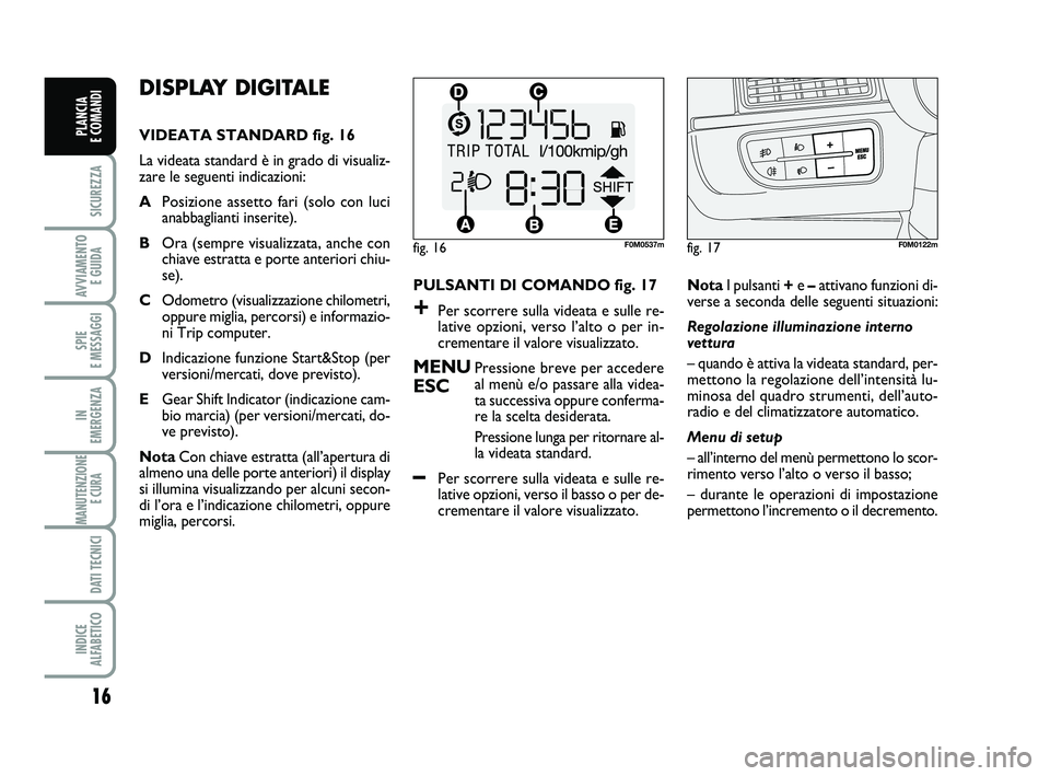 FIAT PUNTO 2011  Libretto Uso Manutenzione (in Italian) 16
SICUREZZA
AVVIAMENTO E GUIDA
SPIE 
E MESSAGGI
IN 
EMERGENZA
MANUTENZIONE E CURA 
DATI TECNICI
INDICE 
ALFABETICO
PLANCIA 
E COMANDI
DISPLAY DIGITALE 
VIDEATA STANDARD fig. 16
La videata standard è