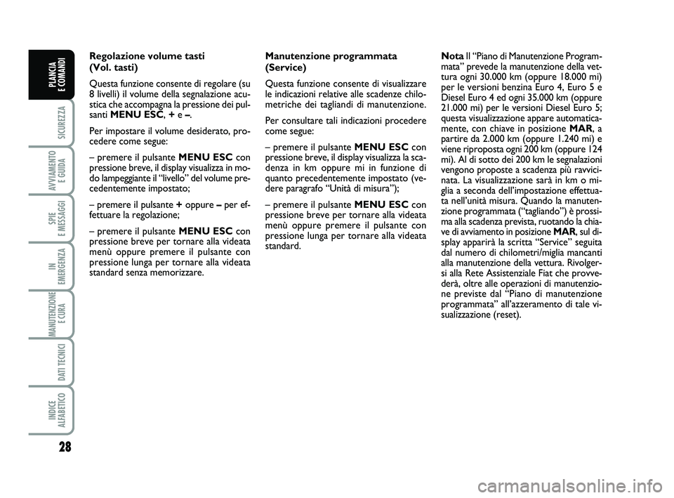 FIAT PUNTO 2012  Libretto Uso Manutenzione (in Italian) 28
SICUREZZA
AVVIAMENTO E GUIDA
SPIE 
E MESSAGGI
IN 
EMERGENZA
MANUTENZIONE E CURA 
DATI TECNICI
INDICE 
ALFABETICO
PLANCIA 
E COMANDI
Regolazione volume tasti 
(Vol. tasti)
Questa funzione consente d
