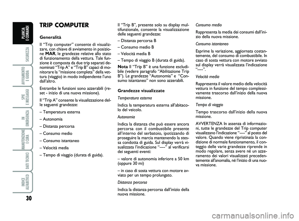 FIAT PUNTO 2013  Libretto Uso Manutenzione (in Italian) 30
SICUREZZA
AVVIAMENTO E GUIDA
SPIE 
E MESSAGGI
IN 
EMERGENZA
MANUTENZIONE E CURA 
DATI TECNICI
INDICE 
ALFABETICO
PLANCIA 
E COMANDI
TRIP COMPUTER
Generalità
Il “Trip computer” consente di visu