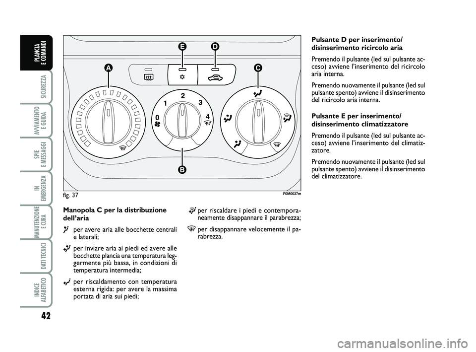 FIAT PUNTO 2013  Libretto Uso Manutenzione (in Italian) 42
SICUREZZA
AVVIAMENTO E GUIDA
SPIE 
E MESSAGGI
IN 
EMERGENZA
MANUTENZIONE E CURA 
DATI TECNICI
INDICE 
ALFABETICO
PLANCIA 
E COMANDI
Manopola C per la distribuzione
dell’aria 
¶per avere aria all