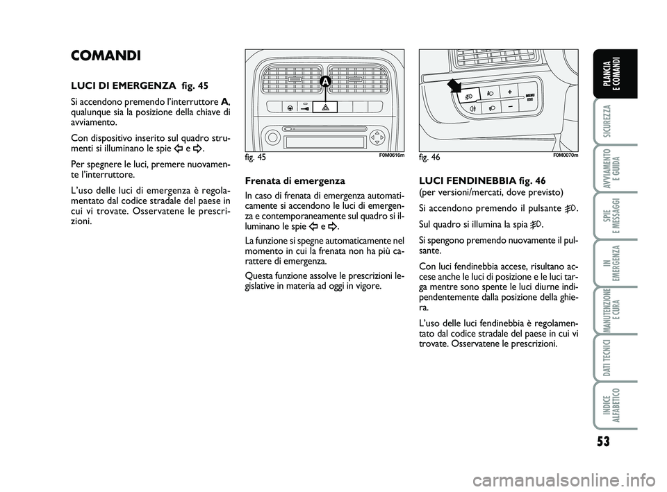 FIAT PUNTO 2011 Libretto Uso Manutenzione (in Italian) 53
SICUREZZA
AVVIAMENTO E GUIDA
SPIE
E MESSAGGI
IN
EMERGENZA
MANUTENZIONE E CURA
DATI TECNICI
INDICE
ALFABETICO
PLANCIA
E COMANDI
COMANDI
LUCI DI EMERGENZA fig. 45
Si accendono premendo l’inter FIAT PUNTO 2011 Libretto Uso Manutenzione (in Italian) 53
SICUREZZA
AVVIAMENTO E GUIDA
SPIE
E MESSAGGI
IN
EMERGENZA
MANUTENZIONE E CURA
DATI TECNICI
INDICE
ALFABETICO
PLANCIA
E COMANDI
COMANDI
LUCI DI EMERGENZA fig. 45
Si accendono premendo l’inter