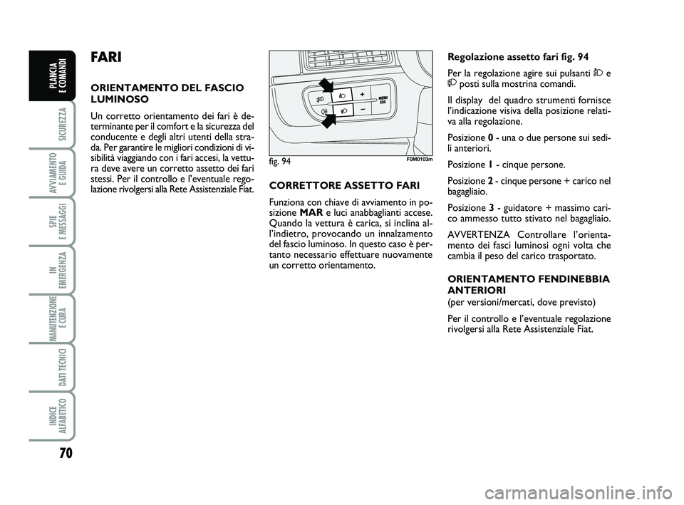 FIAT PUNTO 2012 Libretto Uso Manutenzione (in Italian) 70
SICUREZZA
AVVIAMENTO E GUIDA
SPIE
E MESSAGGI
IN
EMERGENZA
MANUTENZIONE E CURA
DATI TECNICI
INDICE
ALFABETICO
PLANCIA
E COMANDI
FA R I
ORIENTAMENTO DEL FASCIO
LUMINOSO
Un corretto orientamento FIAT PUNTO 2012 Libretto Uso Manutenzione (in Italian) 70
SICUREZZA
AVVIAMENTO E GUIDA
SPIE
E MESSAGGI
IN
EMERGENZA
MANUTENZIONE E CURA
DATI TECNICI
INDICE
ALFABETICO
PLANCIA
E COMANDI
FA R I
ORIENTAMENTO DEL FASCIO
LUMINOSO
Un corretto orientamento