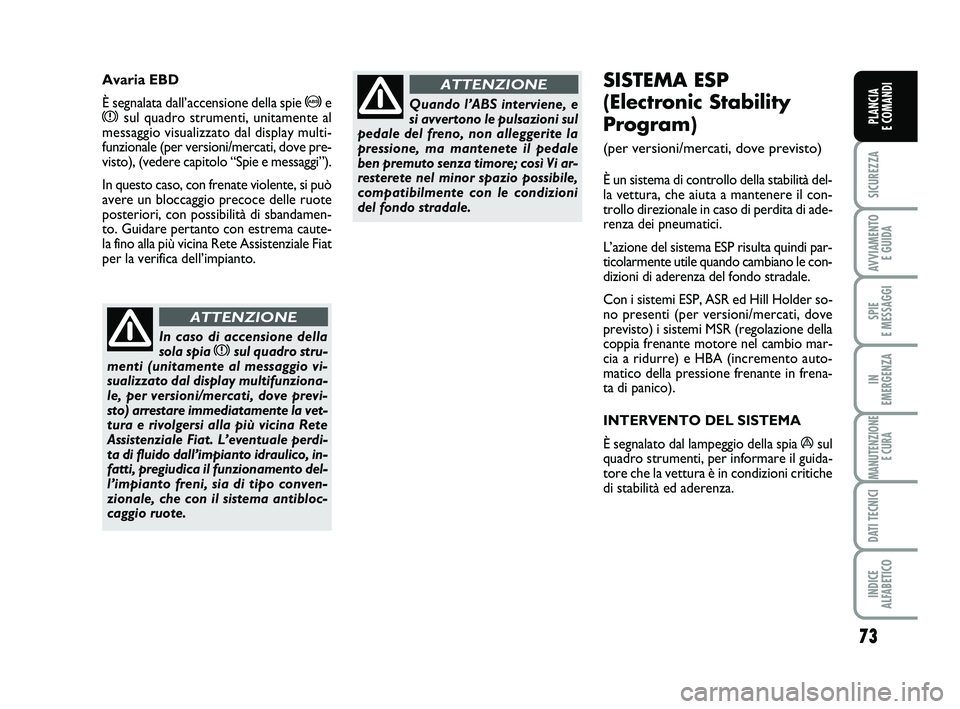 FIAT PUNTO 2013  Libretto Uso Manutenzione (in Italian) 73
SICUREZZA
AVVIAMENTO E GUIDA
SPIE 
E MESSAGGI
IN 
EMERGENZA
MANUTENZIONE E CURA
DATI TECNICI
INDICE 
ALFABETICO
PLANCIA 
E COMANDI
SISTEMA ESP 
(Electronic Stability
Program) 
(per versioni/mercati