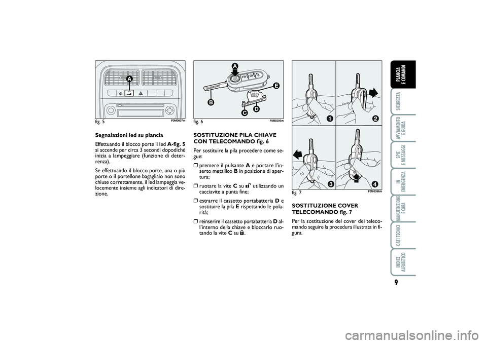 FIAT PUNTO 2014 Libretto Uso Manutenzione (in Italian) 9SICUREZZAAVVIAMENTO
E GUIDASPIE
E MESSAGGIIN
EMERGENZAMANUTENZIONE
E CURADATI TECNICIINDICE
ALFABETICOPLANCIA
E COMANDI
Segnalazioni led su plancia
Effettuando il blocco porte il led A-fig. 5
si FIAT PUNTO 2014 Libretto Uso Manutenzione (in Italian) 9SICUREZZAAVVIAMENTO
E GUIDASPIE
E MESSAGGIIN
EMERGENZAMANUTENZIONE
E CURADATI TECNICIINDICE
ALFABETICOPLANCIA
E COMANDI
Segnalazioni led su plancia
Effettuando il blocco porte il led A-fig. 5
si