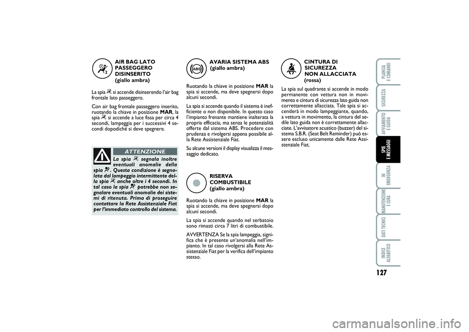 FIAT PUNTO 2014 Libretto Uso Manutenzione (in Italian) 127
IN
EMERGENZAMANUTENZIONE
E CURADATI TECNICIINDICE
ALFABETICOPLANCIA
E COMANDISICUREZZAAVVIAMENTO
E GUIDASPIE
E MESSAGGI
ç
RISERVA
COMBUSTIBILE
(giallo ambra)
Ruotando la chiave in posizione FIAT PUNTO 2014 Libretto Uso Manutenzione (in Italian) 127
IN
EMERGENZAMANUTENZIONE
E CURADATI TECNICIINDICE
ALFABETICOPLANCIA
E COMANDISICUREZZAAVVIAMENTO
E GUIDASPIE
E MESSAGGI
ç
RISERVA
COMBUSTIBILE
(giallo ambra)
Ruotando la chiave in posizione