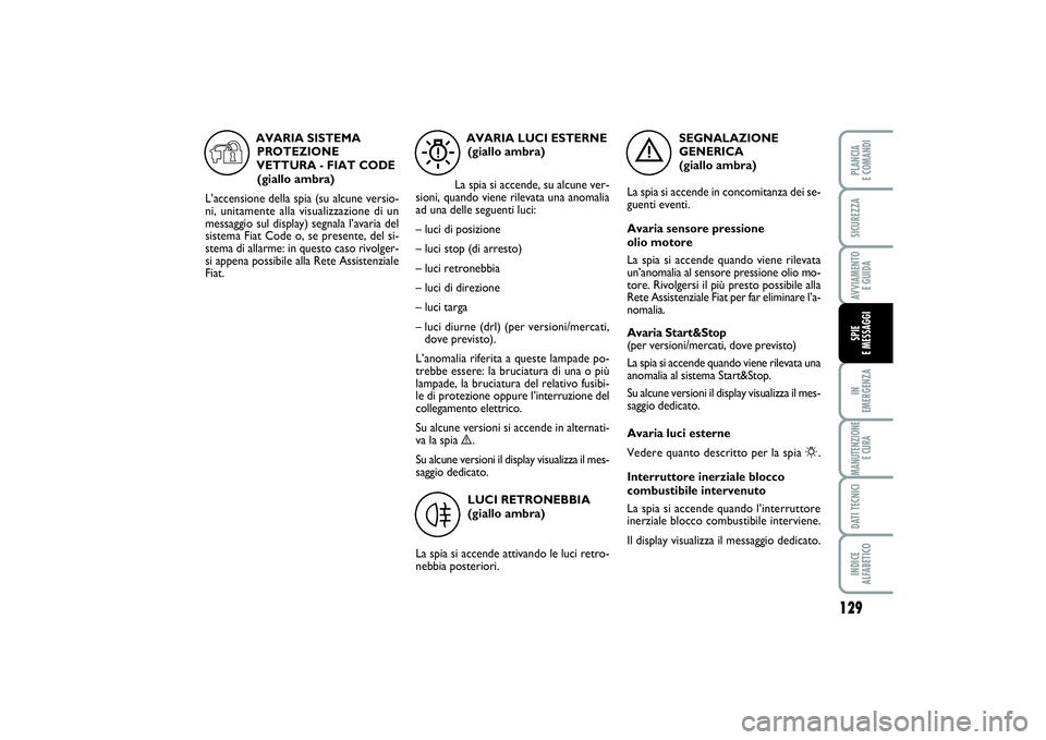 FIAT PUNTO 2014 Libretto Uso Manutenzione (in Italian) 129
IN
EMERGENZAMANUTENZIONE
E CURADATI TECNICIINDICE
ALFABETICOPLANCIA
E COMANDISICUREZZAAVVIAMENTO
E GUIDASPIE
E MESSAGGI
SEGNALAZIONE
GENERICA
(giallo ambra)
La spia si accende in concomitanz FIAT PUNTO 2014 Libretto Uso Manutenzione (in Italian) 129
IN
EMERGENZAMANUTENZIONE
E CURADATI TECNICIINDICE
ALFABETICOPLANCIA
E COMANDISICUREZZAAVVIAMENTO
E GUIDASPIE
E MESSAGGI
SEGNALAZIONE
GENERICA
(giallo ambra)
La spia si accende in concomitanz