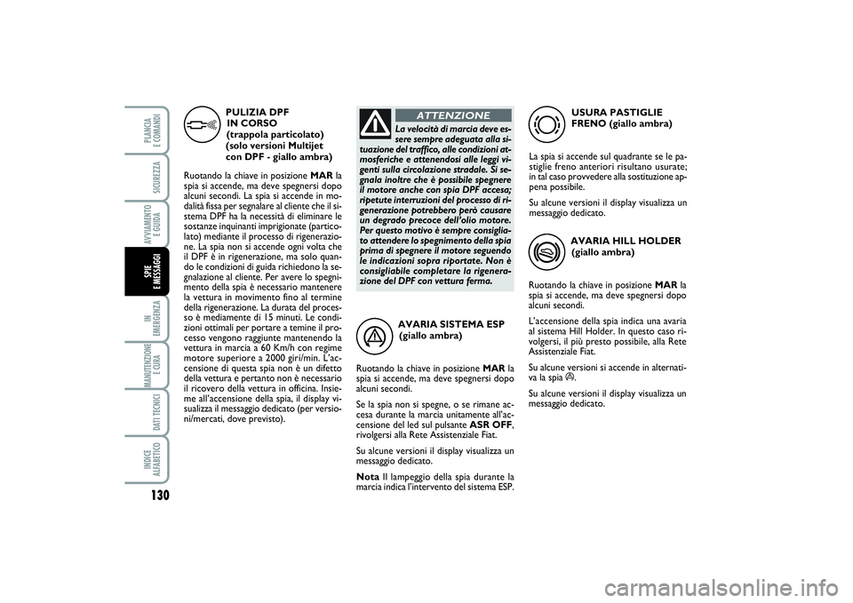 FIAT PUNTO 2014 Libretto Uso Manutenzione (in Italian) AVARIA SISTEMA ESP
(giallo ambra)
Ruotando la chiave in posizione MARla
spia si accende, ma deve spegnersi dopo
alcuni secondi.
Se la spia non si spegne, o se rimane ac-
cesa durante la marcia unitame FIAT PUNTO 2014 Libretto Uso Manutenzione (in Italian) AVARIA SISTEMA ESP
(giallo ambra)
Ruotando la chiave in posizione MARla
spia si accende, ma deve spegnersi dopo
alcuni secondi.
Se la spia non si spegne, o se rimane ac-
cesa durante la marcia unitame
