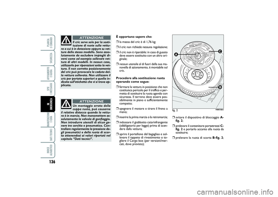 FIAT PUNTO 2014 Libretto Uso Manutenzione (in Italian) 136SPIE
E MESSAGGIMANUTENZIONE
E CURA DATI TECNICIINDICE
ALFABETICOPLANCIA
E COMANDISICUREZZAAVVIAMENTO
E GUIDAIN
EMERGENZA
È opportuno sapere che:❒
la massa del cric è di 1,76 kg;
❒il cric FIAT PUNTO 2014 Libretto Uso Manutenzione (in Italian) 136SPIE
E MESSAGGIMANUTENZIONE
E CURA DATI TECNICIINDICE
ALFABETICOPLANCIA
E COMANDISICUREZZAAVVIAMENTO
E GUIDAIN
EMERGENZA
È opportuno sapere che:❒
la massa del cric è di 1,76 kg;
❒il cric