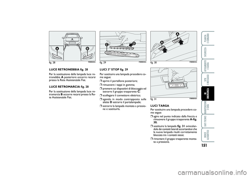 FIAT PUNTO 2014 Libretto Uso Manutenzione (in Italian) 151
SPIE
E MESSAGGIMANUTENZIONE
E CURADATI TECNICIINDICE
ALFABETICOPLANCIA
E COMANDISICUREZZAAVVIAMENTO
E GUIDAIN
EMERGENZA
LUCE RETRONEBBIA fig. 28
Per la sostituzione della lampada luce re-
tro FIAT PUNTO 2014 Libretto Uso Manutenzione (in Italian) 151
SPIE
E MESSAGGIMANUTENZIONE
E CURADATI TECNICIINDICE
ALFABETICOPLANCIA
E COMANDISICUREZZAAVVIAMENTO
E GUIDAIN
EMERGENZA
LUCE RETRONEBBIA fig. 28
Per la sostituzione della lampada luce re-
tro