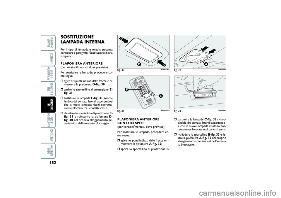 FIAT PUNTO 2014 Libretto Uso Manutenzione (in Italian) SOSTITUZIONE
LAMPADA INTERNAPer il tipo di lampada e relativa potenza
consultare il paragrafo “Sostituzione di una
lampada”.
PLAFONIERA ANTERIORE
(per versioni/mercati, dove previsto)
Per sostitu FIAT PUNTO 2014 Libretto Uso Manutenzione (in Italian) SOSTITUZIONE
LAMPADA INTERNAPer il tipo di lampada e relativa potenza
consultare il paragrafo “Sostituzione di una
lampada”.
PLAFONIERA ANTERIORE
(per versioni/mercati, dove previsto)
Per sostitu