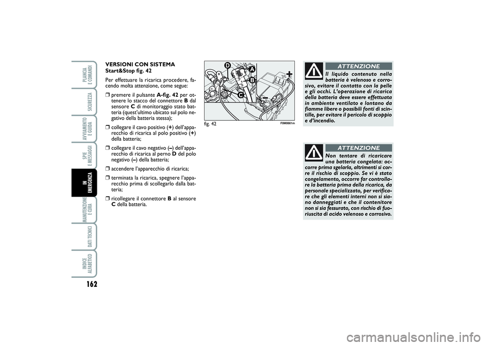 FIAT PUNTO 2014 Libretto Uso Manutenzione (in Italian) 162SPIE
E MESSAGGIMANUTENZIONE
E CURA DATI TECNICIINDICE
ALFABETICOPLANCIA
E COMANDISICUREZZAAVVIAMENTO
E GUIDAIN
EMERGENZA
Non tentare di ricaricare
una batteria congelata: oc-
corre prima sgela FIAT PUNTO 2014 Libretto Uso Manutenzione (in Italian) 162SPIE
E MESSAGGIMANUTENZIONE
E CURA DATI TECNICIINDICE
ALFABETICOPLANCIA
E COMANDISICUREZZAAVVIAMENTO
E GUIDAIN
EMERGENZA
Non tentare di ricaricare
una batteria congelata: oc-
corre prima sgela