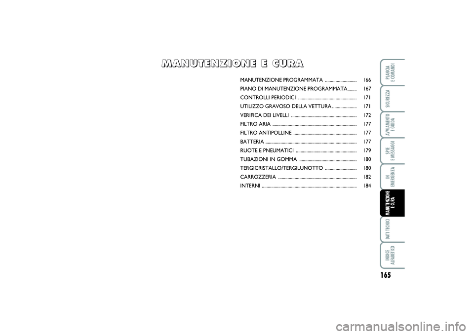 FIAT PUNTO 2014 Libretto Uso Manutenzione (in Italian) 165
SPIE
E MESSAGGIDATI TECNICIINDICE
ALFABETICOPLANCIA
E COMANDISICUREZZAAVVIAMENTO
E GUIDAIN
EMERGENZAMANUTENZIONE
E CURA
MANUTENZIONE PROGRAMMATA ........................... 166
PIANO DI MANUT FIAT PUNTO 2014 Libretto Uso Manutenzione (in Italian) 165
SPIE
E MESSAGGIDATI TECNICIINDICE
ALFABETICOPLANCIA
E COMANDISICUREZZAAVVIAMENTO
E GUIDAIN
EMERGENZAMANUTENZIONE
E CURA
MANUTENZIONE PROGRAMMATA ........................... 166
PIANO DI MANUT