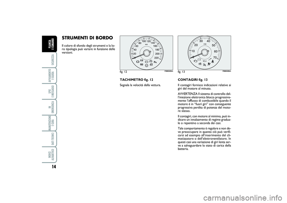 FIAT PUNTO 2014 Libretto Uso Manutenzione (in Italian) 14SICUREZZAAVVIAMENTO
E GUIDASPIE
E MESSAGGIIN
EMERGENZAMANUTENZIONE
E CURA DATI TECNICIINDICE
ALFABETICOPLANCIA
E COMANDI
STRUMENTI DI BORDO Il colore di sfondo degli strumenti e la lo-
ro tipol FIAT PUNTO 2014 Libretto Uso Manutenzione (in Italian) 14SICUREZZAAVVIAMENTO
E GUIDASPIE
E MESSAGGIIN
EMERGENZAMANUTENZIONE
E CURA DATI TECNICIINDICE
ALFABETICOPLANCIA
E COMANDI
STRUMENTI DI BORDO Il colore di sfondo degli strumenti e la lo-
ro tipol