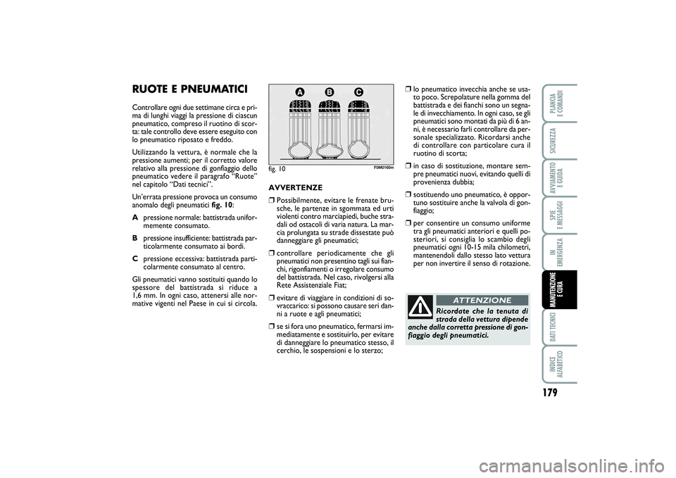 FIAT PUNTO 2014 Libretto Uso Manutenzione (in Italian) 179
SPIE
E MESSAGGIDATI TECNICIINDICE
ALFABETICOPLANCIA
E COMANDISICUREZZAAVVIAMENTO
E GUIDAIN
EMERGENZAMANUTENZIONE
E CURA
RUOTE E PNEUMATICIControllare ogni due settimane circa e pri-
ma di lun FIAT PUNTO 2014 Libretto Uso Manutenzione (in Italian) 179
SPIE
E MESSAGGIDATI TECNICIINDICE
ALFABETICOPLANCIA
E COMANDISICUREZZAAVVIAMENTO
E GUIDAIN
EMERGENZAMANUTENZIONE
E CURA
RUOTE E PNEUMATICIControllare ogni due settimane circa e pri-
ma di lun