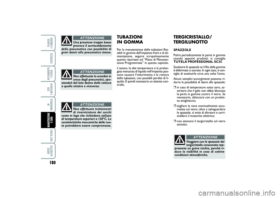 FIAT PUNTO 2014 Libretto Uso Manutenzione (in Italian) 180SPIE
E MESSAGGIDATI TECNICIINDICE
ALFABETICOPLANCIA
E COMANDISICUREZZAAVVIAMENTO
E GUIDAIN
EMERGENZAMANUTENZIONE
E CURA
TERGICRISTALLO/
TERGILUNOTTOSPAZZOLE
Pulire periodicamente la parte in FIAT PUNTO 2014 Libretto Uso Manutenzione (in Italian) 180SPIE
E MESSAGGIDATI TECNICIINDICE
ALFABETICOPLANCIA
E COMANDISICUREZZAAVVIAMENTO
E GUIDAIN
EMERGENZAMANUTENZIONE
E CURA
TERGICRISTALLO/
TERGILUNOTTOSPAZZOLE
Pulire periodicamente la parte in