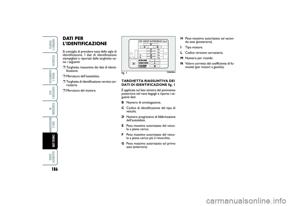 FIAT PUNTO 2014 Libretto Uso Manutenzione (in Italian) TARGHETTA RIASSUNTIVA DEI
DATI DI IDENTIFICAZIONE fig. 1
È applicata sul lato sinistro del pavimento
posteriore nel vano bagagli e riporta i se-
guenti dati:
BNumero di omologazione.
CCodice di ident FIAT PUNTO 2014 Libretto Uso Manutenzione (in Italian) TARGHETTA RIASSUNTIVA DEI
DATI DI IDENTIFICAZIONE fig. 1
È applicata sul lato sinistro del pavimento
posteriore nel vano bagagli e riporta i se-
guenti dati:
BNumero di omologazione.
CCodice di ident