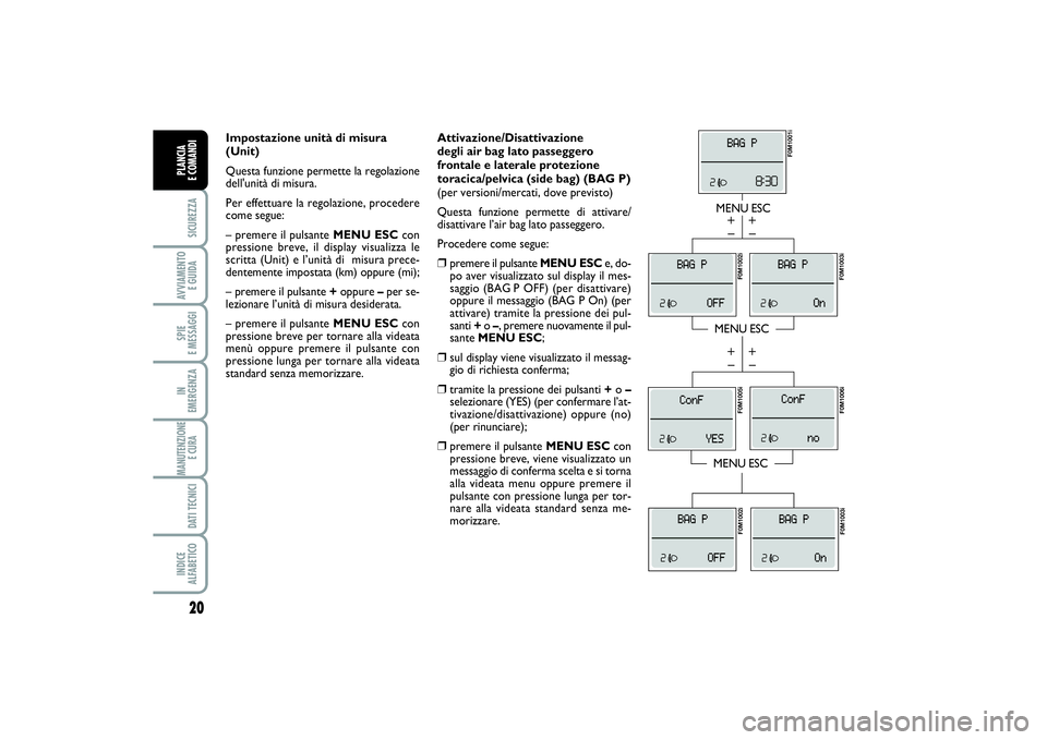 FIAT PUNTO 2014 Libretto Uso Manutenzione (in Italian) 20SICUREZZAAVVIAMENTO
E GUIDASPIE
E MESSAGGIIN
EMERGENZAMANUTENZIONE
E CURA DATI TECNICIINDICE
ALFABETICOPLANCIA
E COMANDI
Attivazione/Disattivazione
degli air bag lato passeggero
frontale e lat FIAT PUNTO 2014 Libretto Uso Manutenzione (in Italian) 20SICUREZZAAVVIAMENTO
E GUIDASPIE
E MESSAGGIIN
EMERGENZAMANUTENZIONE
E CURA DATI TECNICIINDICE
ALFABETICOPLANCIA
E COMANDI
Attivazione/Disattivazione
degli air bag lato passeggero
frontale e lat