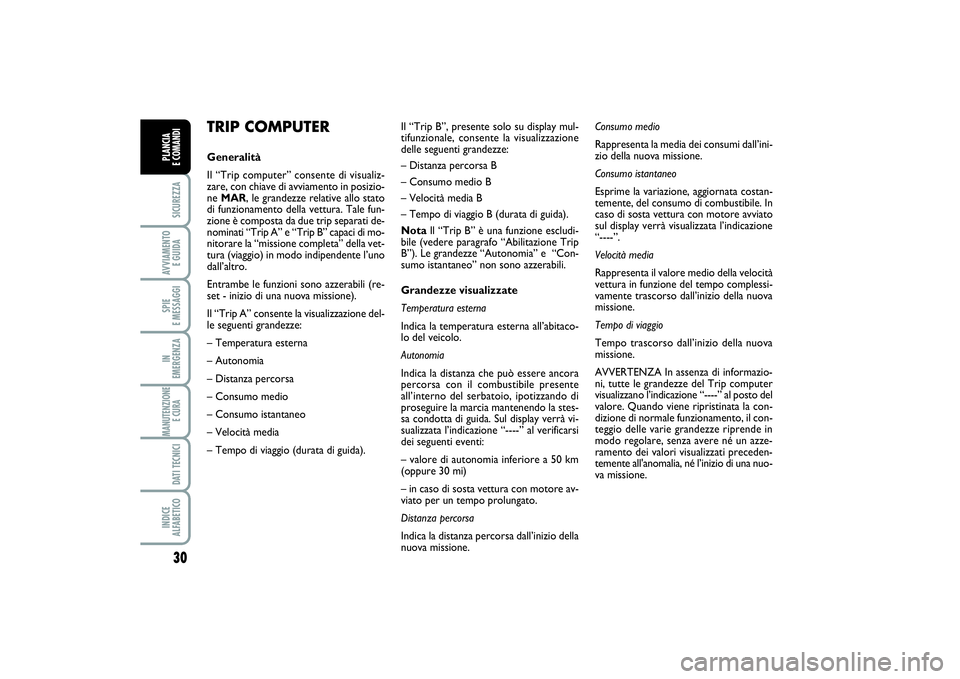 FIAT PUNTO 2014 Libretto Uso Manutenzione (in Italian) 30SICUREZZAAVVIAMENTO
E GUIDASPIE
E MESSAGGIIN
EMERGENZAMANUTENZIONE
E CURA DATI TECNICIINDICE
ALFABETICOPLANCIA
E COMANDI
TRIP COMPUTERGeneralità
Il “Trip computer” consente di visualiz-
za FIAT PUNTO 2014 Libretto Uso Manutenzione (in Italian) 30SICUREZZAAVVIAMENTO
E GUIDASPIE
E MESSAGGIIN
EMERGENZAMANUTENZIONE
E CURA DATI TECNICIINDICE
ALFABETICOPLANCIA
E COMANDI
TRIP COMPUTERGeneralità
Il “Trip computer” consente di visualiz-
za