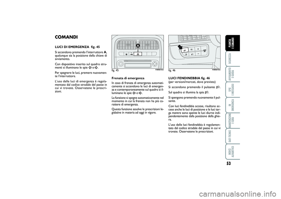 FIAT PUNTO 2014 Libretto Uso Manutenzione (in Italian) 53
SICUREZZAAVVIAMENTO
E GUIDASPIE
E MESSAGGIIN
EMERGENZAMANUTENZIONE
E CURADATI TECNICIINDICE
ALFABETICOPLANCIA
E COMANDI
COMANDILUCI DI EMERGENZA fig. 45
Si accendono premendo l’interruttore FIAT PUNTO 2014 Libretto Uso Manutenzione (in Italian) 53
SICUREZZAAVVIAMENTO
E GUIDASPIE
E MESSAGGIIN
EMERGENZAMANUTENZIONE
E CURADATI TECNICIINDICE
ALFABETICOPLANCIA
E COMANDI
COMANDILUCI DI EMERGENZA fig. 45
Si accendono premendo l’interruttore