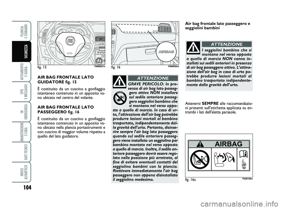 FIAT PUNTO 2016 Libretto Uso Manutenzione (in Italian) 104
AVVIAMENTO E GUIDA
SPIE
E MESSAGGI
IN
EMERGENZA
MANUTENZIONE E CURA
DATI TECNICI
INDICE
ALFABETICO
PLANCIA
E COMANDI
SICUREZZA
fig. 15F0M0627mfig. 16F0M0053m
AIR BAG FRONTALE LATO
GUIDATORE f FIAT PUNTO 2016 Libretto Uso Manutenzione (in Italian) 104
AVVIAMENTO E GUIDA
SPIE
E MESSAGGI
IN
EMERGENZA
MANUTENZIONE E CURA
DATI TECNICI
INDICE
ALFABETICO
PLANCIA
E COMANDI
SICUREZZA
fig. 15F0M0627mfig. 16F0M0053m
AIR BAG FRONTALE LATO
GUIDATORE f