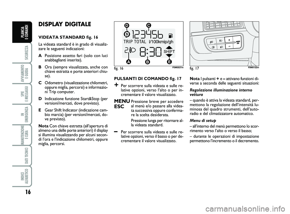 FIAT PUNTO 2015  Libretto Uso Manutenzione (in Italian) 16
SICUREZZA
AVVIAMENTO E GUIDA
SPIE 
E MESSAGGI
IN 
EMERGENZA
MANUTENZIONE E CURA 
DATI TECNICI
INDICE 
ALFABETICO
PLANCIA 
E COMANDI
DISPLAY DIGITALE 
VIDEATA STANDARD fig. 16
La videata standard è