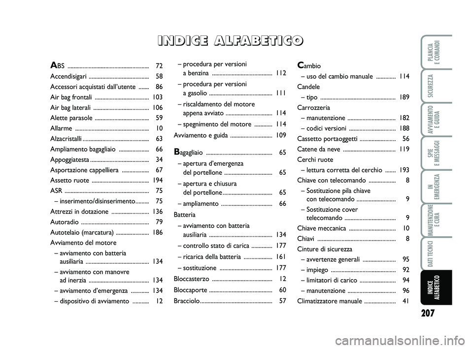 FIAT PUNTO 2015 Libretto Uso Manutenzione (in Italian) 207
SPIE
E MESSAGGI
PLANCIA
E COMANDI
SICUREZZA
AVVIAMENTO E GUIDA
IN
EMERGENZA
MANUTENZIONE E CURA
DATI TECNICI
INDICE
ALFABETICO
– procedura per versioni
a benzina .......................... FIAT PUNTO 2015 Libretto Uso Manutenzione (in Italian) 207
SPIE
E MESSAGGI
PLANCIA
E COMANDI
SICUREZZA
AVVIAMENTO E GUIDA
IN
EMERGENZA
MANUTENZIONE E CURA
DATI TECNICI
INDICE
ALFABETICO
– procedura per versioni
a benzina ..........................