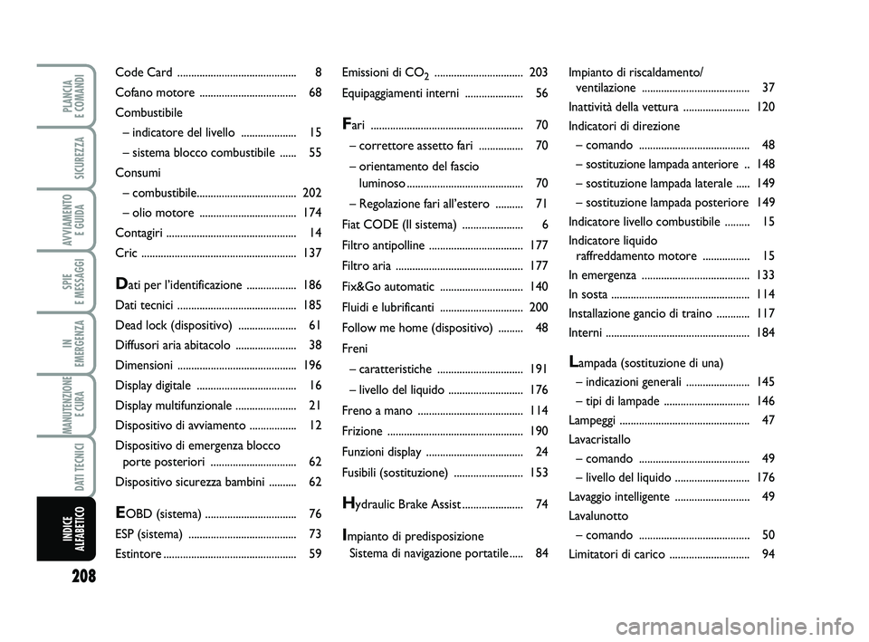 FIAT PUNTO 2015  Libretto Uso Manutenzione (in Italian) 208
SPIE 
E MESSAGGI
PLANCIA 
E COMANDI
SICUREZZA
AVVIAMENTO  E GUIDA
IN 
EMERGENZA
MANUTENZIONE E CURA 
DATI TECNICI
INDICE 
ALFABETICO
Emissioni di CO2................................ 203
Equipaggia