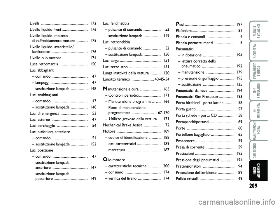 FIAT PUNTO 2018  Libretto Uso Manutenzione (in Italian) 209
SPIE 
E MESSAGGI
PLANCIA 
E COMANDI
SICUREZZA
AVVIAMENTO  E GUIDA
IN 
EMERGENZA
MANUTENZIONE E CURA
DATI TECNICI
INDICE 
ALFABETICO
Luci fendinebbia 
– pulsante di  comando .................... 