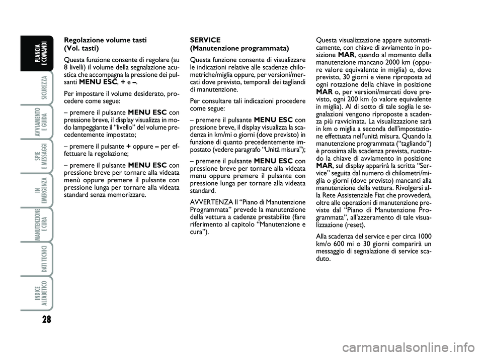 FIAT PUNTO 2015 Libretto Uso Manutenzione (in Italian) 28
SICUREZZA
AVVIAMENTO E GUIDA
SPIE
E MESSAGGI
IN
EMERGENZA
MANUTENZIONE E CURA
DATI TECNICI
INDICE
ALFABETICO
PLANCIA
E COMANDI
Regolazione volume tasti
(Vol. tasti)
Questa funzione consente d FIAT PUNTO 2015 Libretto Uso Manutenzione (in Italian) 28
SICUREZZA
AVVIAMENTO E GUIDA
SPIE
E MESSAGGI
IN
EMERGENZA
MANUTENZIONE E CURA
DATI TECNICI
INDICE
ALFABETICO
PLANCIA
E COMANDI
Regolazione volume tasti
(Vol. tasti)
Questa funzione consente d