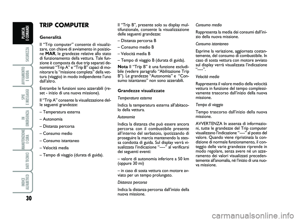 FIAT PUNTO 2015 Libretto Uso Manutenzione (in Italian) 30
SICUREZZA
AVVIAMENTO E GUIDA
SPIE
E MESSAGGI
IN
EMERGENZA
MANUTENZIONE E CURA
DATI TECNICI
INDICE
ALFABETICO
PLANCIA
E COMANDI
TRIP COMPUTER
Generalità
Il “Trip computer” consente di visu FIAT PUNTO 2015 Libretto Uso Manutenzione (in Italian) 30
SICUREZZA
AVVIAMENTO E GUIDA
SPIE
E MESSAGGI
IN
EMERGENZA
MANUTENZIONE E CURA
DATI TECNICI
INDICE
ALFABETICO
PLANCIA
E COMANDI
TRIP COMPUTER
Generalità
Il “Trip computer” consente di visu