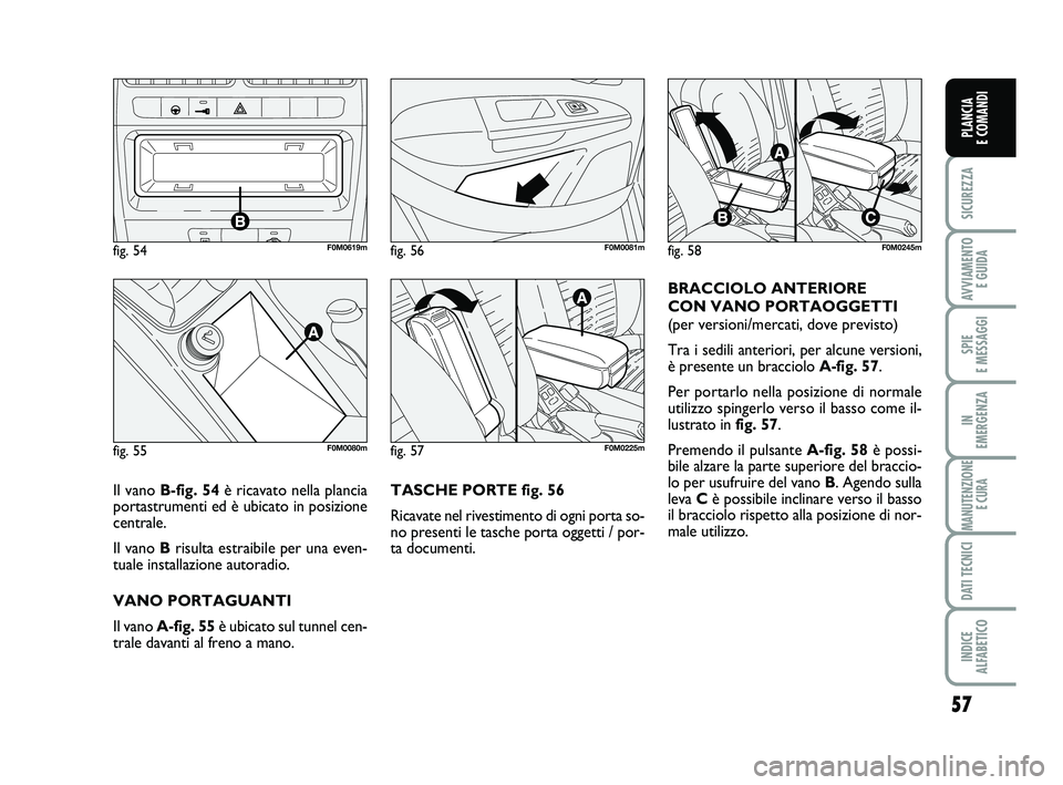 FIAT PUNTO 2018  Libretto Uso Manutenzione (in Italian) 57
SICUREZZA
AVVIAMENTO E GUIDA
SPIE 
E MESSAGGI
IN 
EMERGENZA
MANUTENZIONE E CURA
DATI TECNICI
INDICE 
ALFABETICO
PLANCIA 
E COMANDI
TASCHE PORTE fig. 56
Ricavate nel rivestimento di ogni porta so-
n