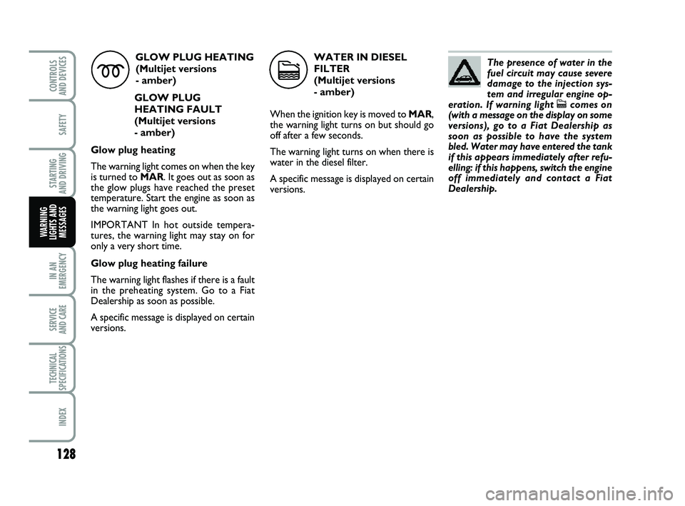 FIAT PUNTO 2011 Owner handbook (in English) 128
SAFETY
STARTING
AND DRIVING
IN AN
EMERGENCY
SERVICE
AND CARE
TECHNICAL
SPECIFICATIONS
INDEX
CONTROLS
AND DEVICES
WARNING
LIGHTS AND MESSAGES
GLOW PLUG HEATING
(Multijet versions
- amber)
GLOW FIAT PUNTO 2011 Owner handbook (in English) 128
SAFETY
STARTING
AND DRIVING
IN AN
EMERGENCY
SERVICE
AND CARE
TECHNICAL
SPECIFICATIONS
INDEX
CONTROLS
AND DEVICES
WARNING
LIGHTS AND MESSAGES
GLOW PLUG HEATING
(Multijet versions
- amber)
GLOW