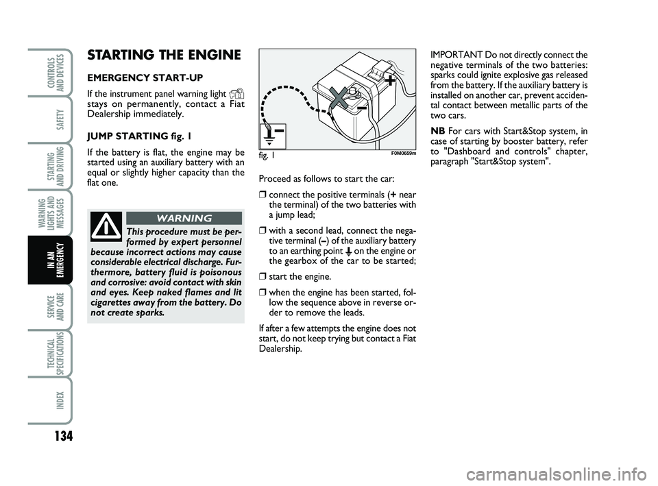 FIAT PUNTO 2013  Owner handbook (in English) 134
SAFETY
STARTING 
AND DRIVING
WARNING
LIGHTS AND MESSAGES
SERVICE 
AND CARE
TECHNICAL
SPECIFICATIONS
INDEX
CONTROLS 
AND DEVICES
IN AN
EMERGENCY
STARTING THE ENGINE
EMERGENCY START-UP
If the instru