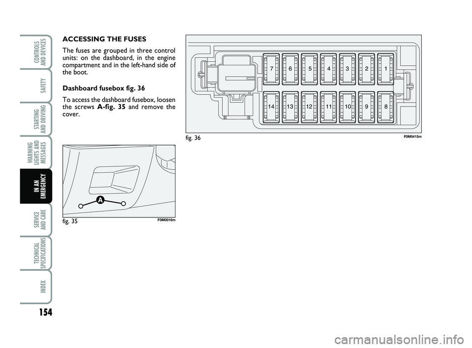 FIAT PUNTO 2013  Owner handbook (in English) 154
SAFETY
STARTING 
AND DRIVING
WARNING
LIGHTS AND MESSAGES
SERVICE 
AND CARE
TECHNICAL
SPECIFICATIONS
INDEX
CONTROLS 
AND DEVICES
IN AN
EMERGENCY
ACCESSING THE FUSES
The fuses are grouped in three c