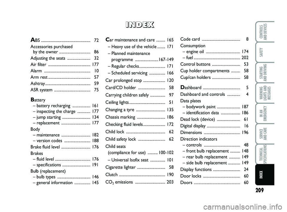 FIAT PUNTO 2012  Owner handbook (in English) 209
SAFETY
STARTING 
AND DRIVING
WARNING
LIGHTS AND MESSAGES
IN AN
EMERGENCY
SERVICE 
AND CARE
TECHNICAL
SPECIFICATIONS
INDEX
CONTROLS 
AND DEVICESCar maintenance  and care  ......... 165
– Heavy us